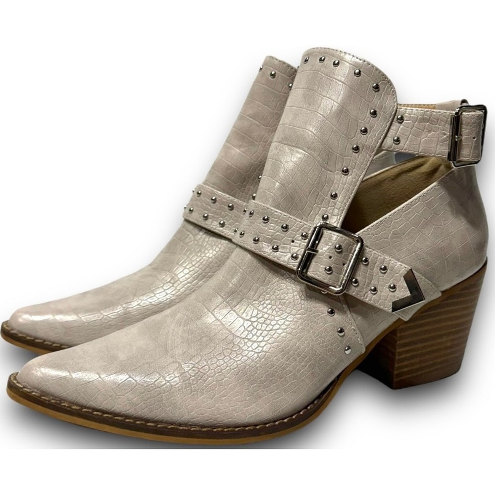 Madden‎ Girl Womens Croco Studded Buckle Pointed Toe Ankle Boots Grey Size 5.5